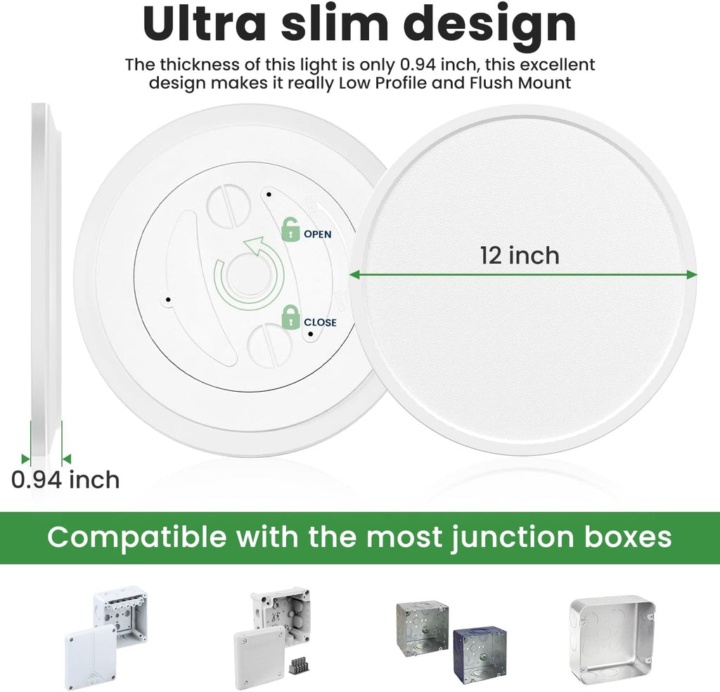 hepside 12Inch Flush Mount Light Fixture White, 28Watt, Dimmable & 3000K-4500K-6000K 3 Color Selectable Flush Ceiling Light Fixture 3200LM Low Profile Ceiling Light for Kitchen Bedroom Hallway Porch