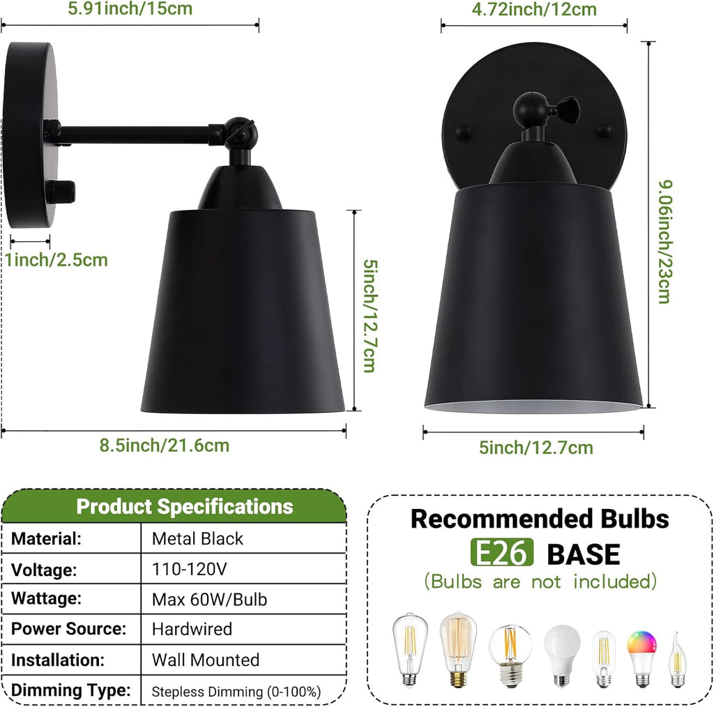 Dimmable Wall Sconces Set of Two, Bedside Wall Mount Lamp with Rotary Switch, Black Bathroom Vanity Lights with Metal Shade, Hardwired Swing Arm Wall Lights for Bedroom Living Room Hallway