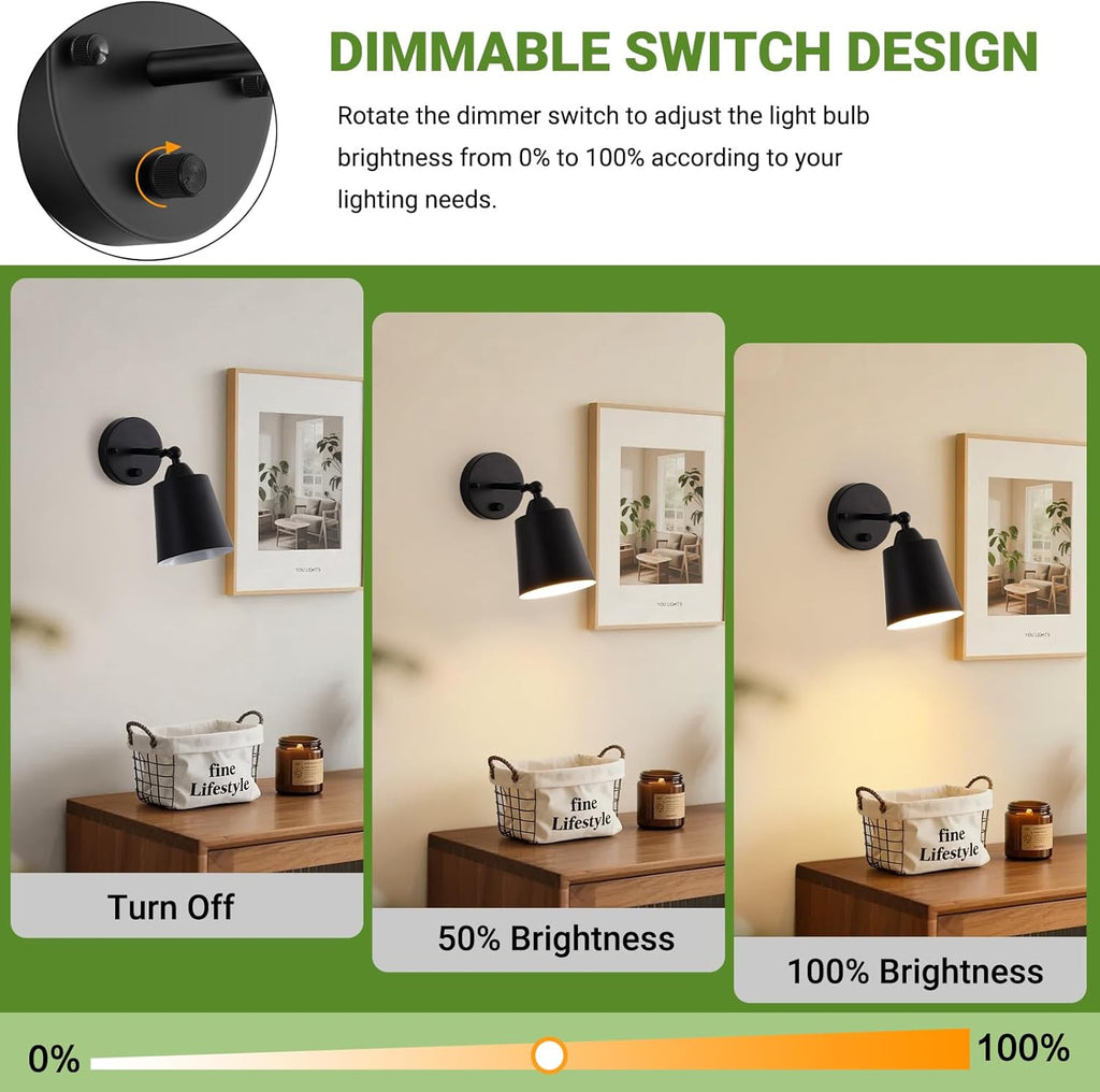 Dimmable Wall Sconces Set of Two, Bedside Wall Mount Lamp with Rotary Switch, Black Bathroom Vanity Lights with Metal Shade, Hardwired Swing Arm Wall Lights for Bedroom Living Room Hallway
