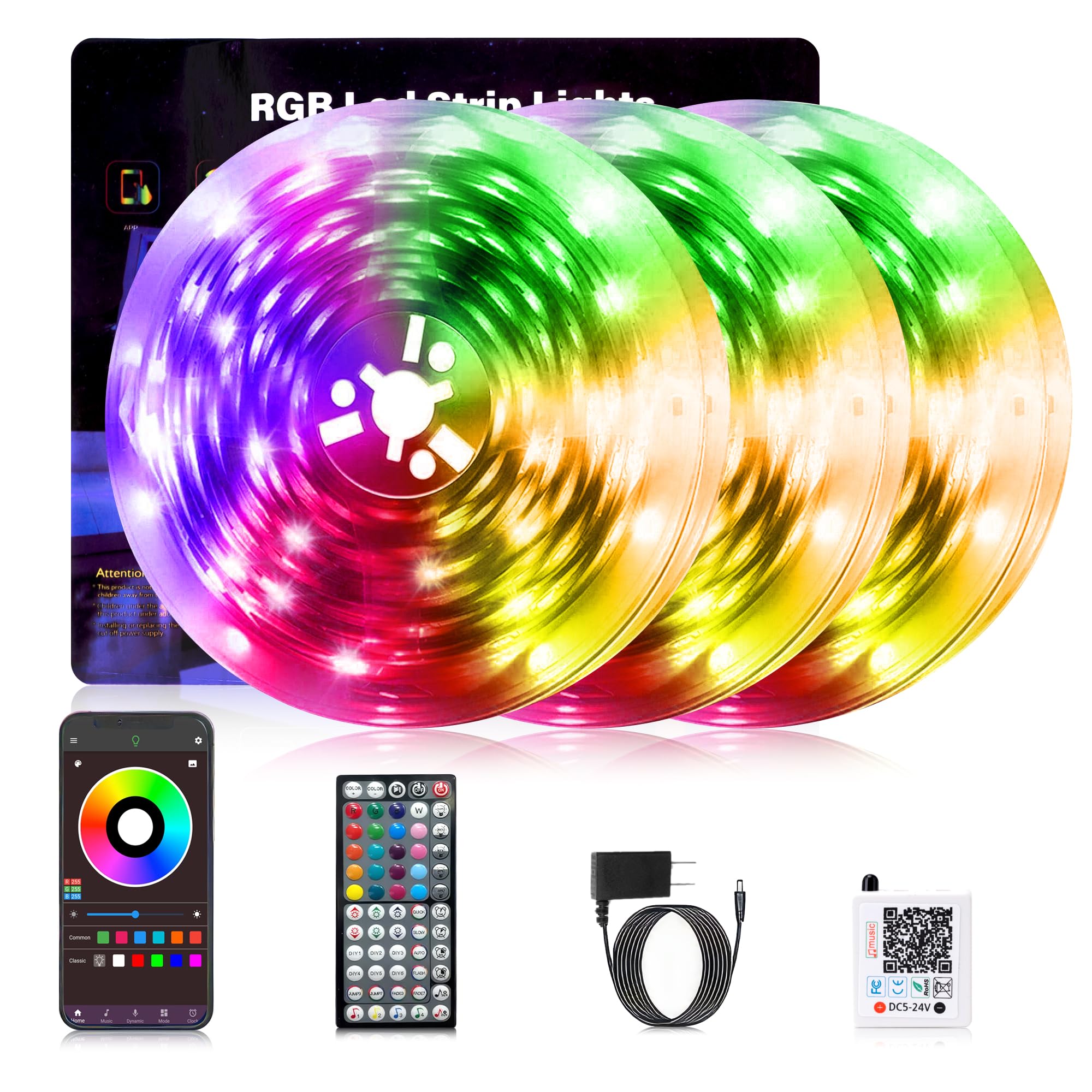 NBBUFF Led Lights for Bedroom 50ft (1 Roll), Color Changing RGB Led Strip Lights with 60 Keys Remote and App Control, Music Sync Led Lights for Room Kitchen Party Home Decor