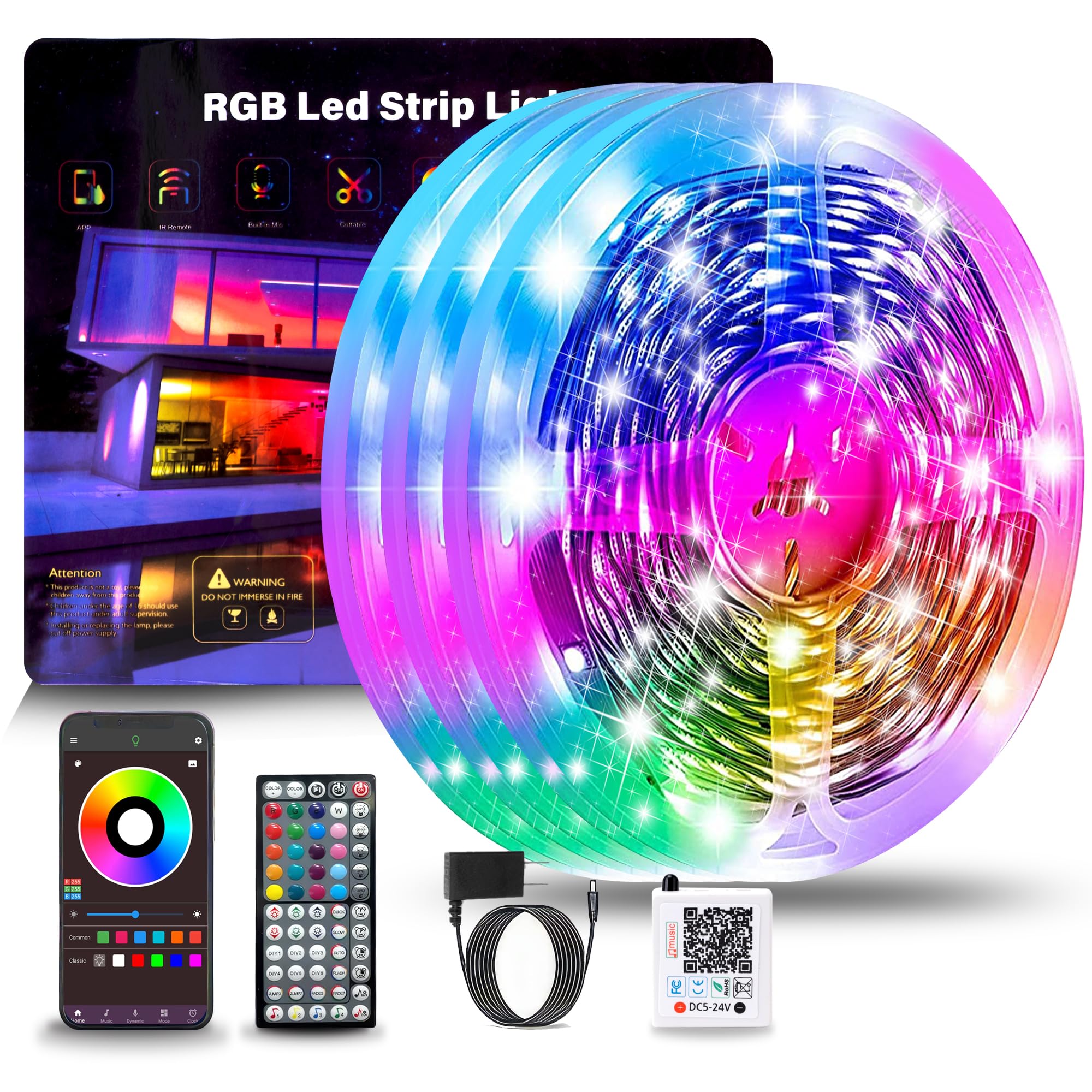 NBBUFF Led Lights for Bedroom 50ft (1 Roll), Color Changing RGB Led Strip Lights with 60 Keys Remote and App Control, Music Sync Led Lights for Room Kitchen Party Home Decor