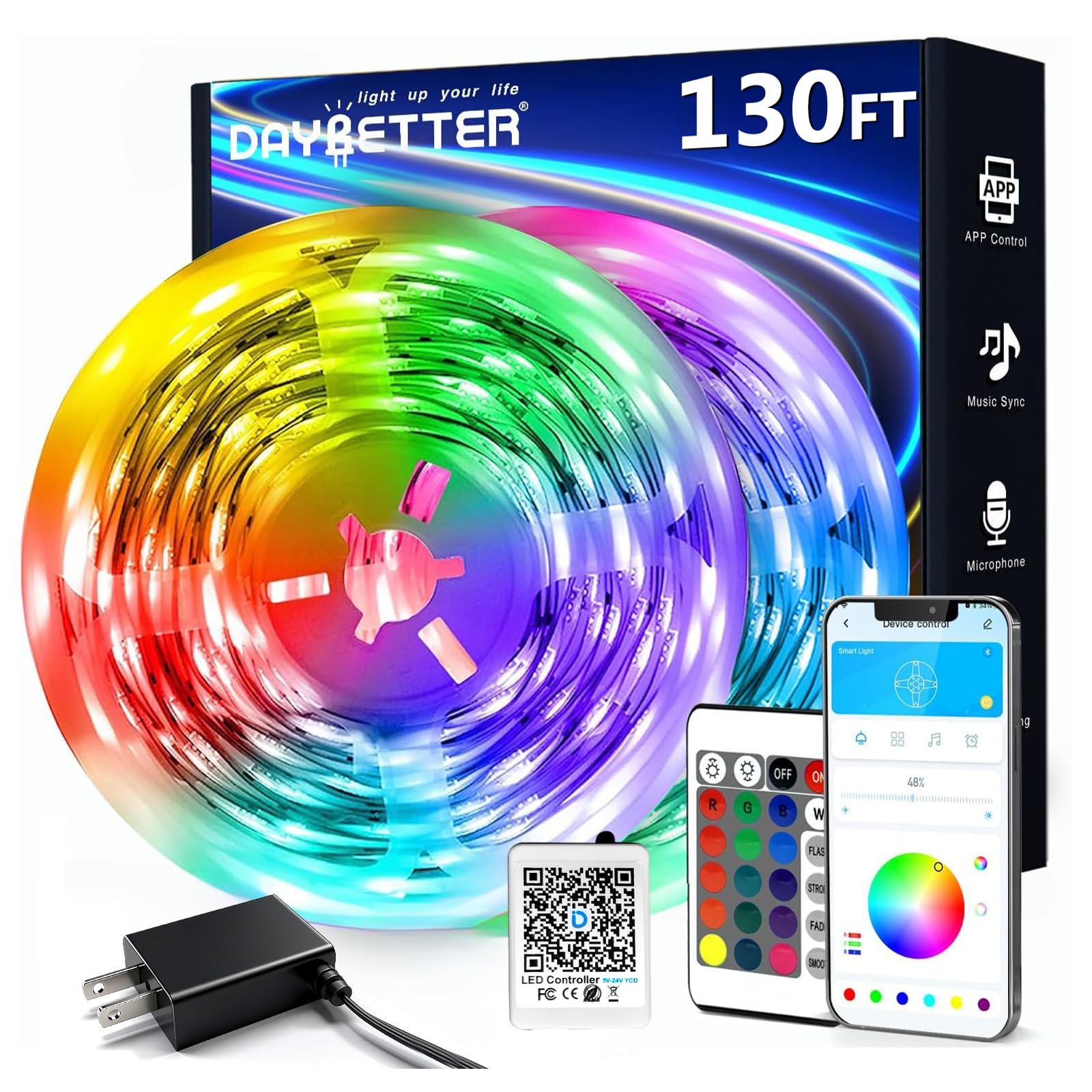 DAYBETTER LED Strip Lights 200 ft (2 Rolls of 100 ft), Smart App Control Lighting Bedroom Rome Decor with Remote, RGB Music Sync Color Changing LED Lights for Party