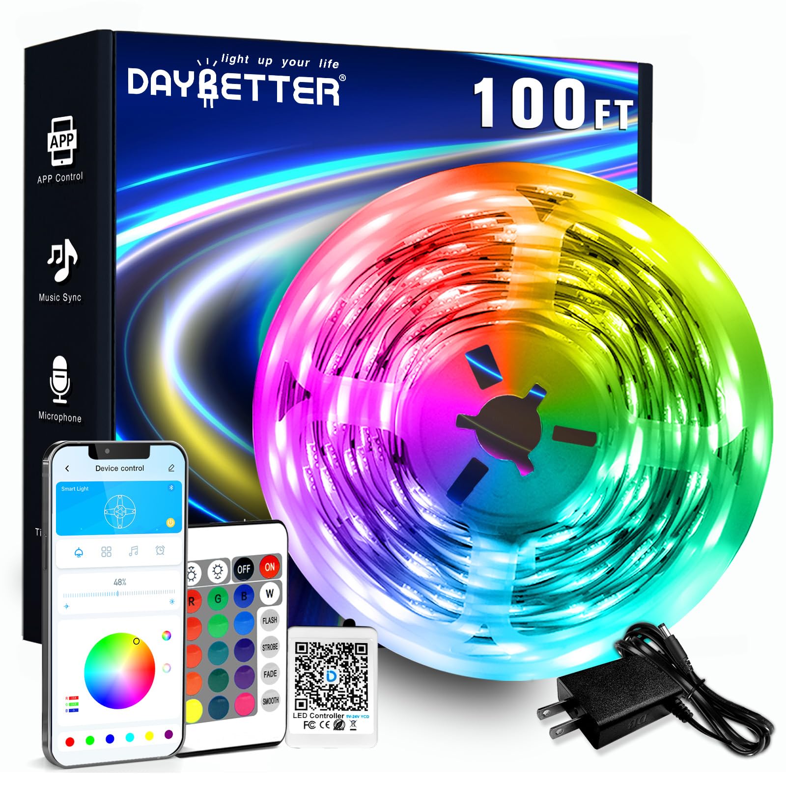 DAYBETTER LED Strip Lights 130ft Lights Strip for Bedroom, Desk, Indoor Room Bedroom Brithday Gifts RGB Decor with Remote and 24V Power Supply