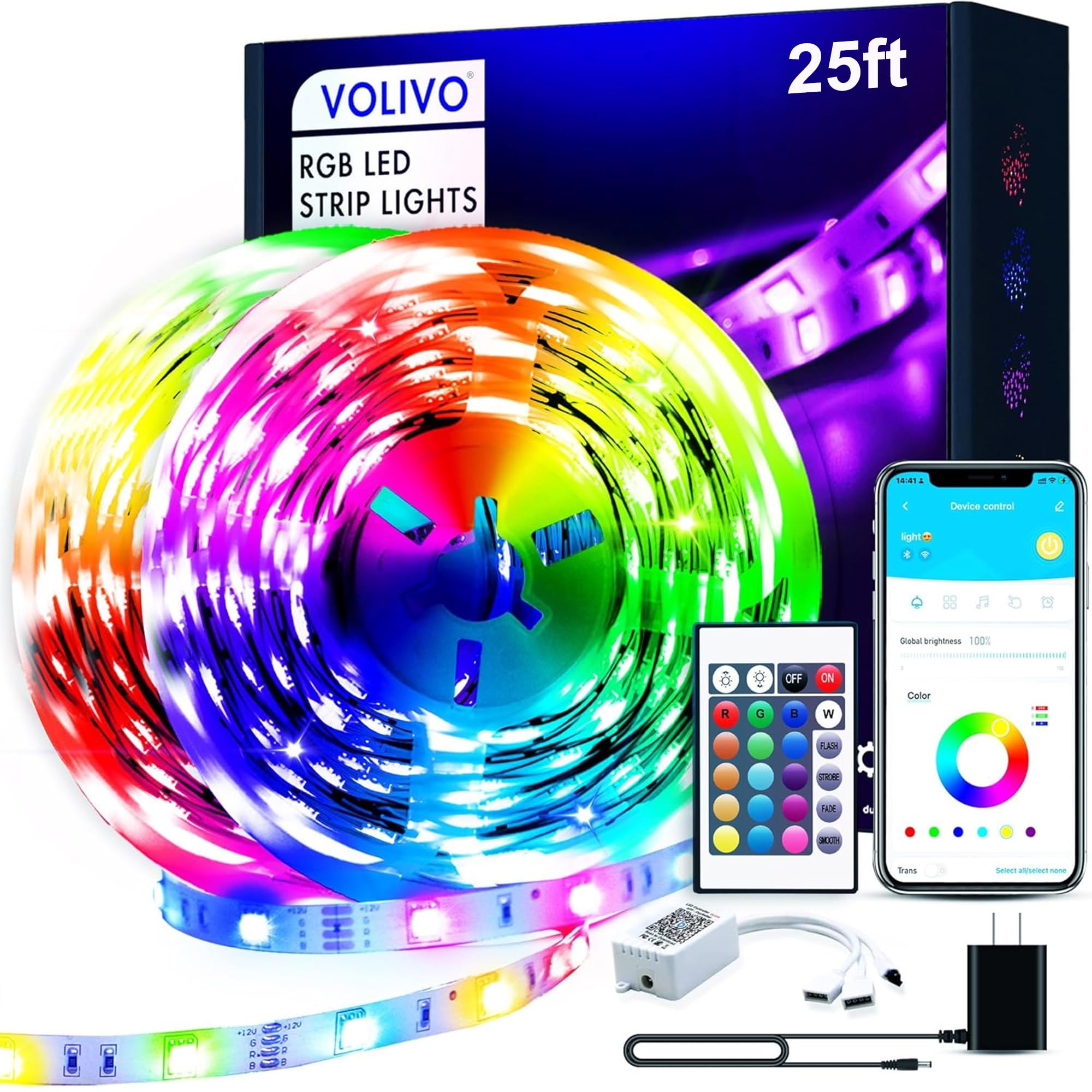 VOLIVO 100ft Led Strip Lights for Bedroom, Color Changing Led Light Strips Kit with Bluetooth App Control and IR Remote, RGB Music Sync Lighting for Room, Home Decor