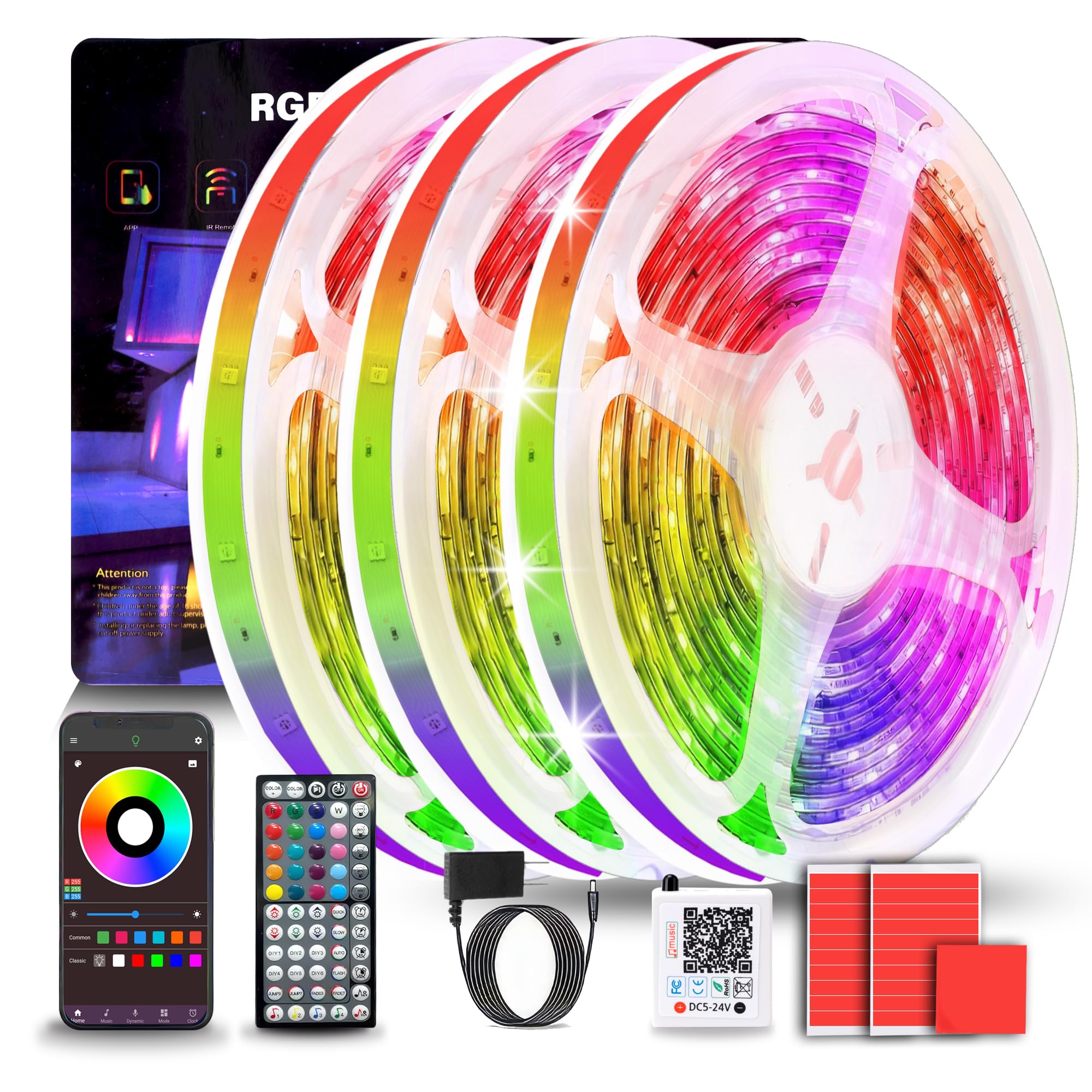NBBUFF Led Lights for Bedroom 50ft (1 Roll), Color Changing RGB Led Strip Lights with 60 Keys Remote and App Control, Music Sync Led Lights for Room Kitchen Party Home Decor