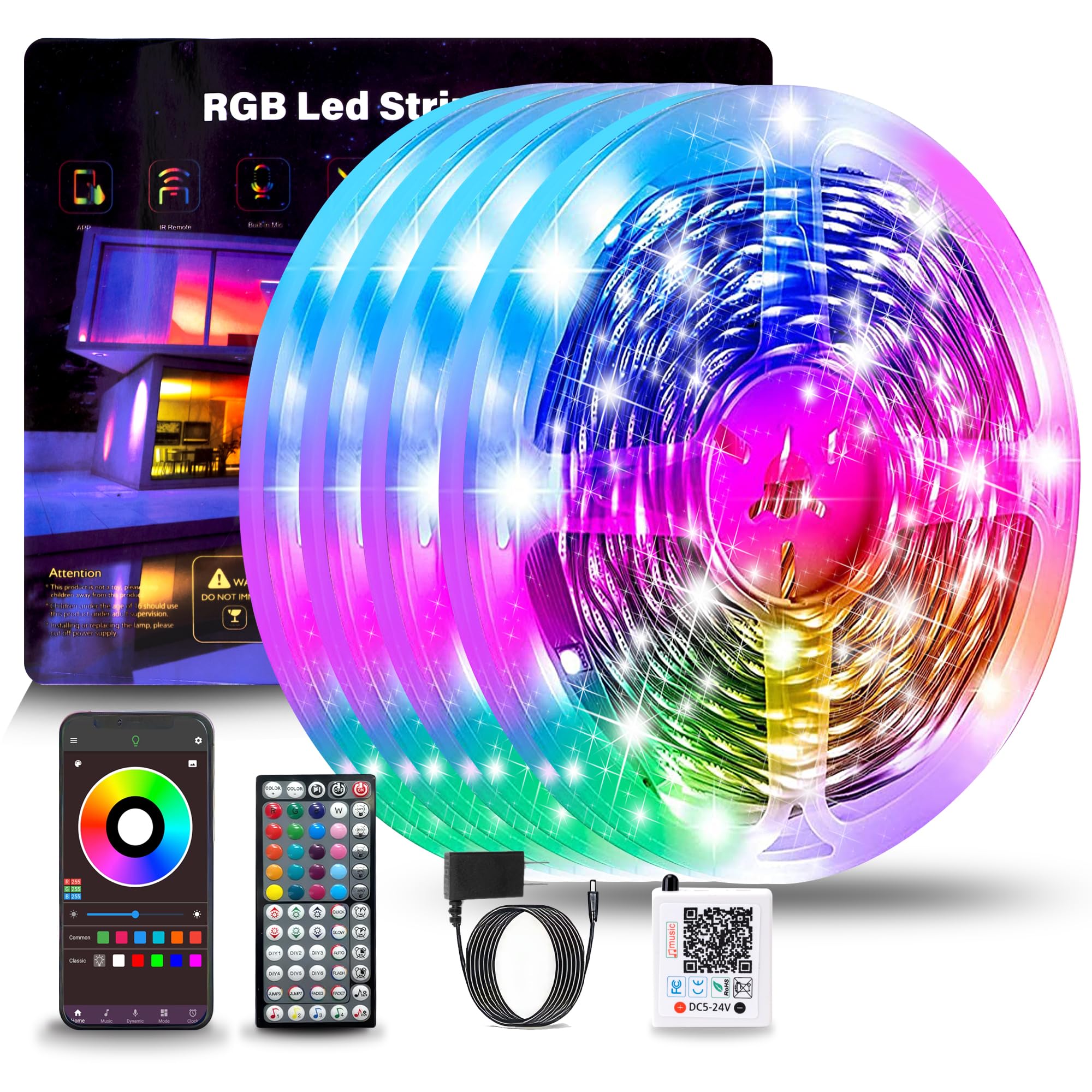 NBBUFF Led Lights for Bedroom 50ft (1 Roll), Color Changing RGB Led Strip Lights with 60 Keys Remote and App Control, Music Sync Led Lights for Room Kitchen Party Home Decor