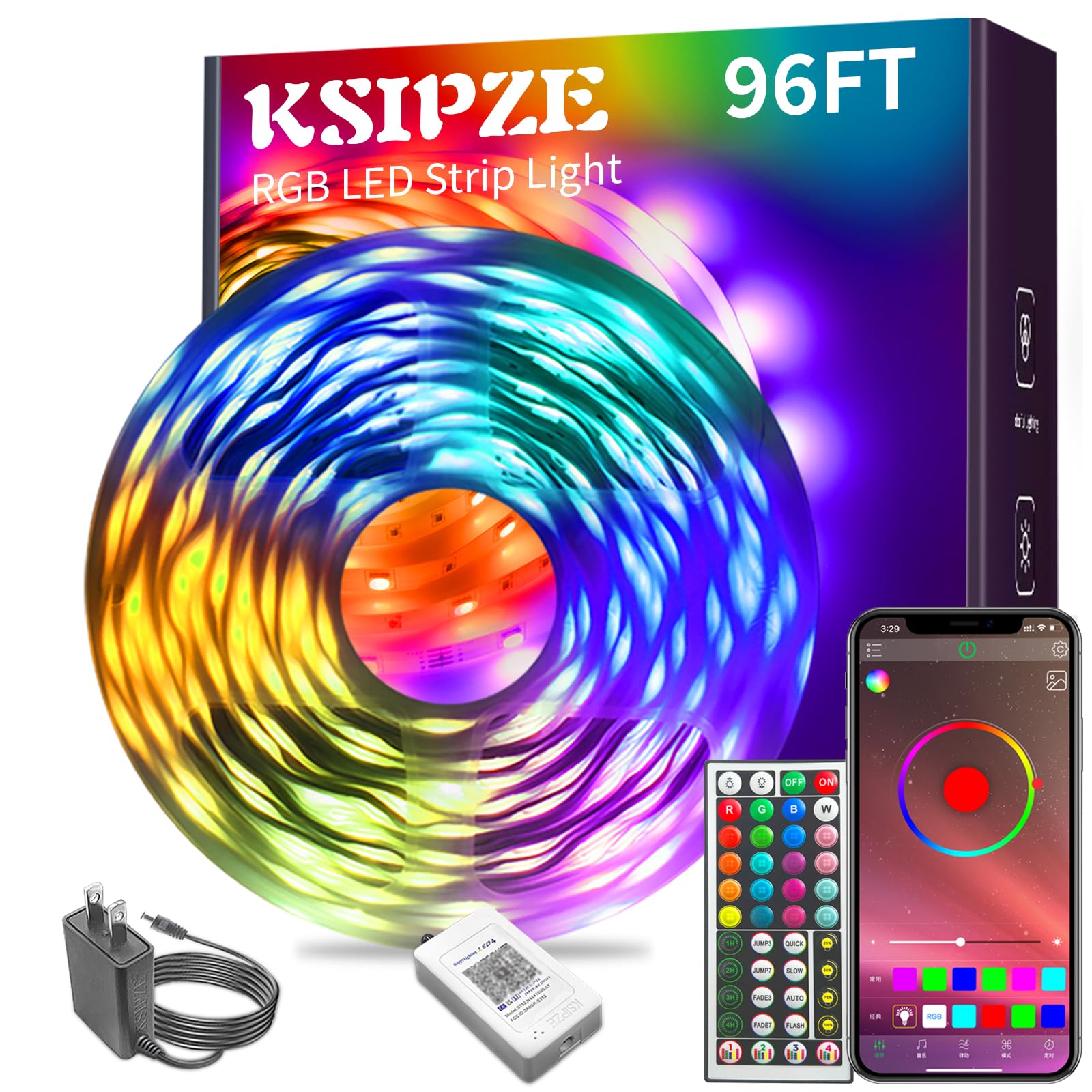 KSIPZE 100ft Led Strip Lights RGB Music Sync Color Changing Led Lights with Smart App Control Remote Led Lights for Bedroom Room Lighting Flexible Home Décor