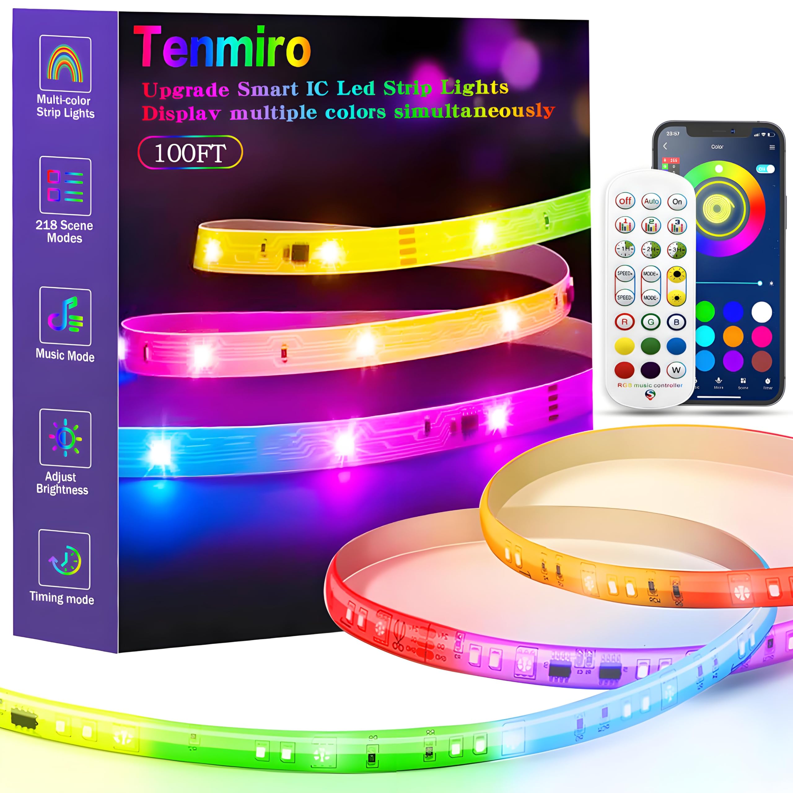 Tenmiro Led Lights for Bedroom 100ft (2 Rolls of 50ft) Music Sync Color Changing Strip Lights with Remote and App Control RGB Strip, for Room Home Party Decoration