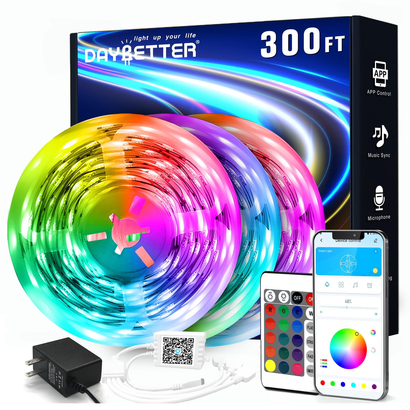 DAYBETTER LED Strip Lights 200 ft (2 Rolls of 100 ft), Smart App Control Lighting Bedroom Rome Decor with Remote, RGB Music Sync Color Changing LED Lights for Party