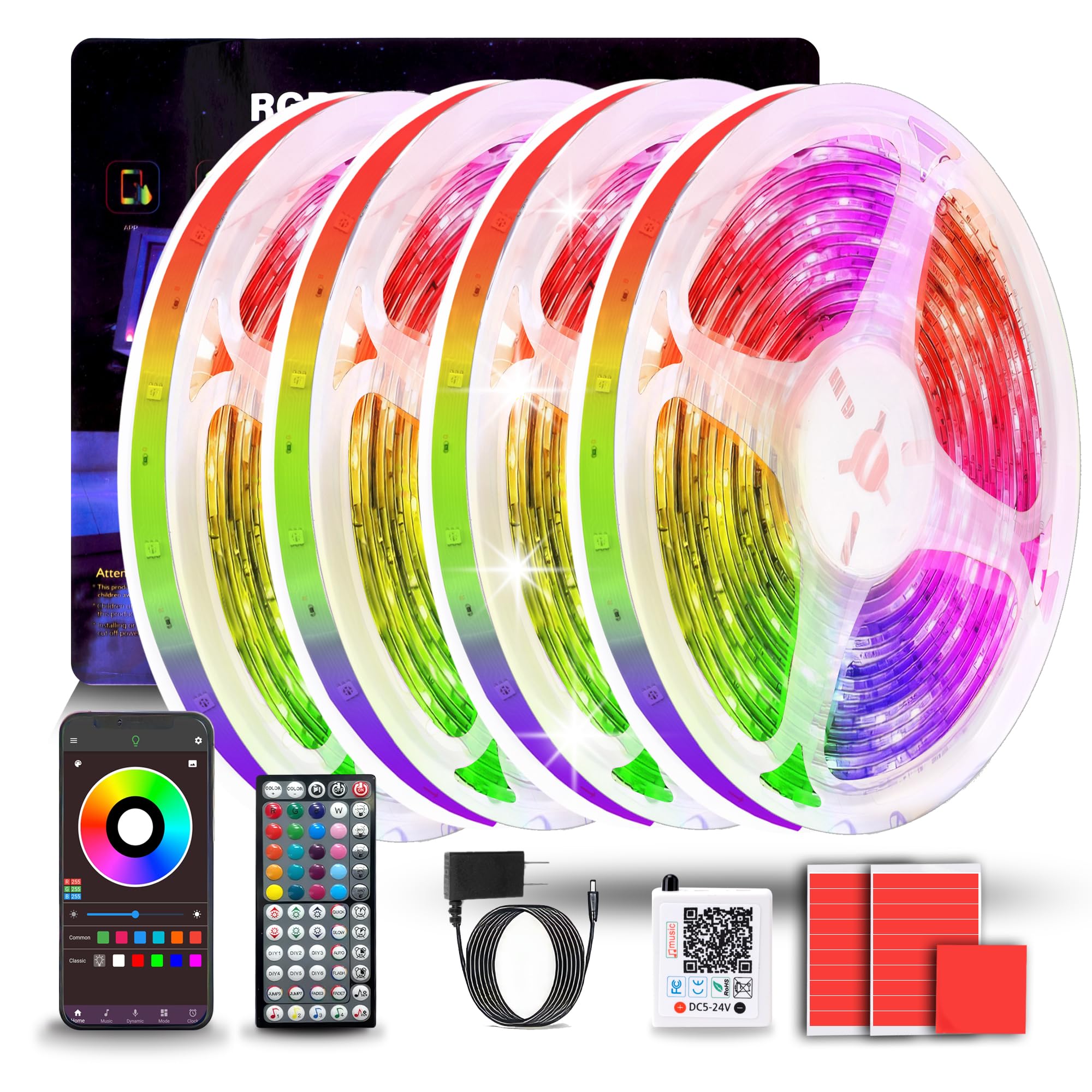 NBBUFF Led Lights for Bedroom 50ft (1 Roll), Color Changing RGB Led Strip Lights with 60 Keys Remote and App Control, Music Sync Led Lights for Room Kitchen Party Home Decor