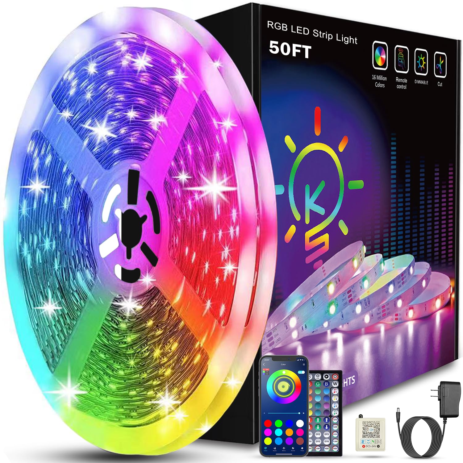 Keepsmile 100ft Led Strip Lights (2 Rolls of 50ft) Bluetooth Smart App Control Music Sync Color Changing RGB Led Light Strip with Remote,Led Lights for Bedroom Room Home Decor Party Festival