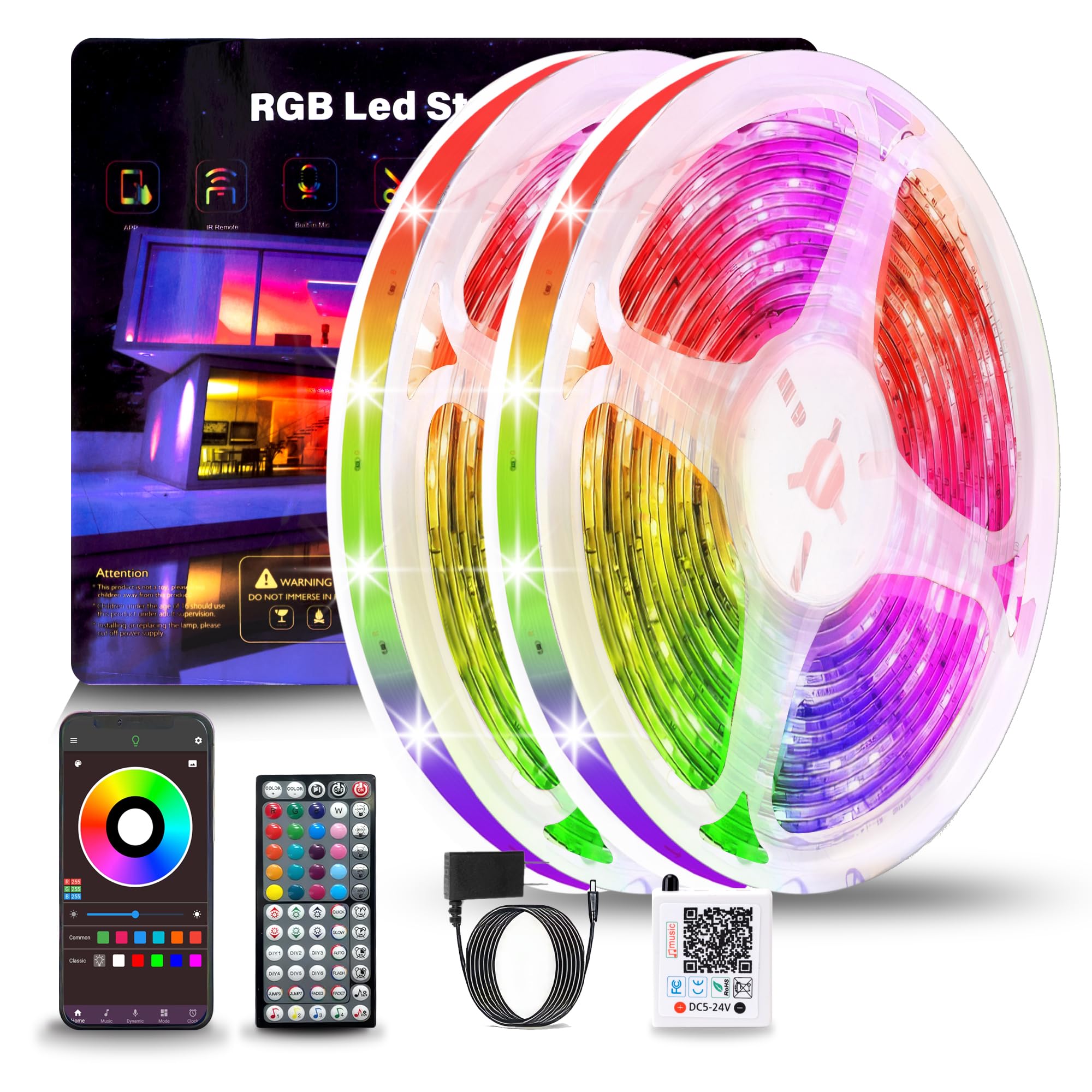 NBBUFF Led Lights for Bedroom 50ft (1 Roll), Color Changing RGB Led Strip Lights with 60 Keys Remote and App Control, Music Sync Led Lights for Room Kitchen Party Home Decor