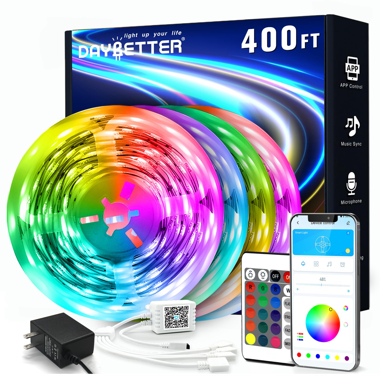 DAYBETTER LED Strip Lights 200 ft (2 Rolls of 100 ft), Smart App Control Lighting Bedroom Rome Decor with Remote, RGB Music Sync Color Changing LED Lights for Party