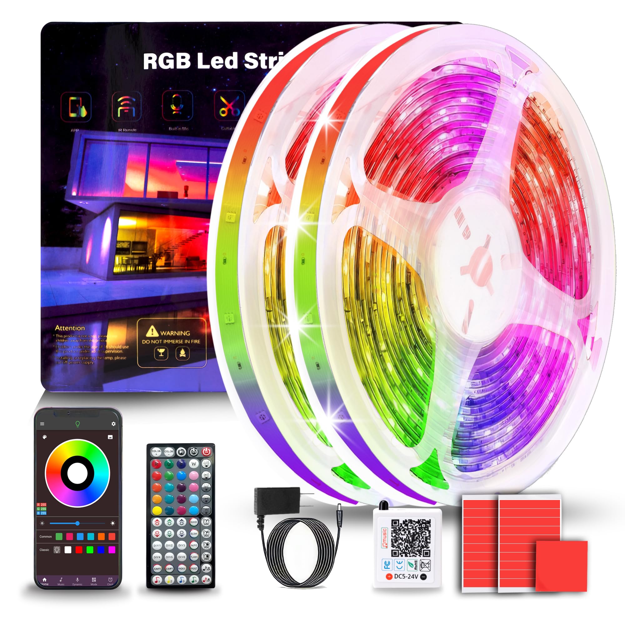 NBBUFF Led Lights for Bedroom 50ft (1 Roll), Color Changing RGB Led Strip Lights with 60 Keys Remote and App Control, Music Sync Led Lights for Room Kitchen Party Home Decor