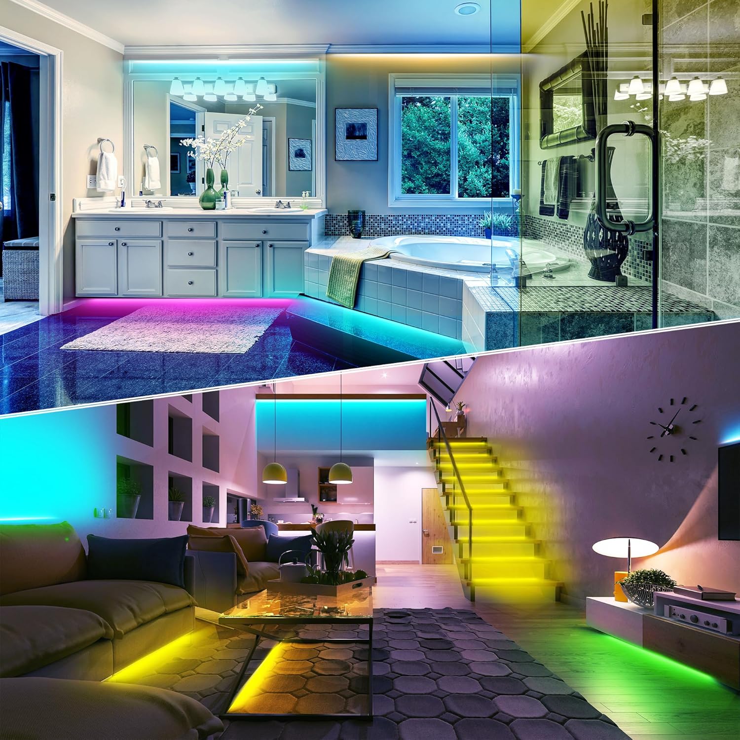 NBBUFF Led Lights for Bedroom 50ft (1 Roll), Color Changing RGB Led Strip Lights with 60 Keys Remote and App Control, Music Sync Led Lights for Room Kitchen Party Home Decor